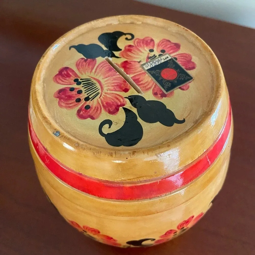 🖤 Vintage Hand Carved & Hand painted Floral Wooden BARREL CANISTER Bank USSR